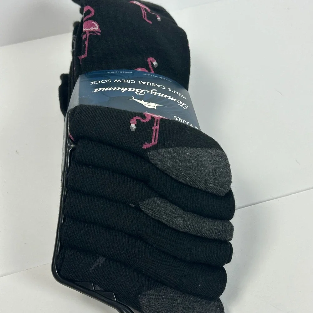 Tommy Bahama Mens 6 Pair Crew Socks Black Flamingo Palm Tree Marlin One‎ Size